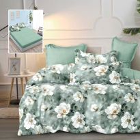 Lenjerie pat dublu Finet Bumbac 6 piese cu husa saltea 160x200 sau 180x200 cm, pilota 200x230 cm, 2 fete perna 50x70 si 70x70 cm, Alb / Verde, Pucioasa MADISON H
