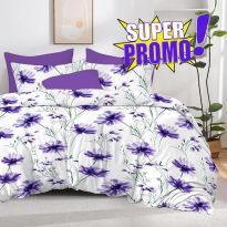 Lenjerie pat bumbac Finet 6 piese PROMO, cearșaf pat 220x240 cm, pilotă 200x220 cm, 2 fețe perne 50x70 și 70x70 cm, Alb/Mov, Pucioasa 