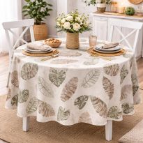 Față de masă rotundă 160 cm antimurdărire, Imprimeu frunze Bej/Verde Ralex Pucioasa