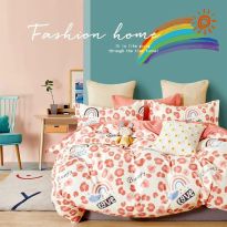 Lenjerie pat dublu 6 piese Percale Bumbac 100%, 6 piese, cu husa saltea 160x200 sau 180x200 cm, pilota 200x230 cm, 2 fete perna 50x70 cm si 70x70 cm, Curcubeu love Rosu, Pucioasa
