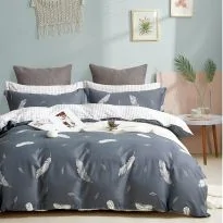 Lenjerie de pat o persoana Percalle imprimat Bumbac 100% 3 piese cearsaf pat 160x240 cm, pilota 150x220 cm, fata perna 50x70 cm, Pene Alb / Gri, Pucioasa