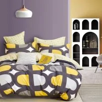 Lenjerie de pat o persoana Percalle imprimat Bumbac 100% 3 piese cearsaf pat 160x240 cm, pilota 150x220 cm, fata perna 50x70 cm, Moderna Galben / Maro, Pucioasa