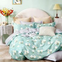 Lenjerie de pat dublu king size Percalle imprimat Bumbac 100% 6 piese cearsaf pat 240x260 cm, pilota 200x230 cm, 2 fete perne 50x70 cm, 2 fete perne 70x70 cm Flori Verde / Gri, Pucioasa