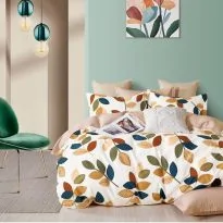 Lenjerie de pat o persoana Percalle imprimat Bumbac 100% 3 piese cearsaf pat 160x240 cm, pilota 150x220 cm, fata perna 50x70 cm, Frunze Bej, Pucioasa