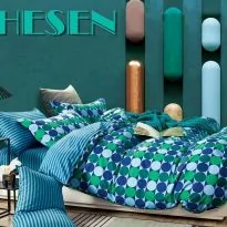 Lenjerie de pat o persoana Percalle imprimat Bumbac 100% 3 piese cearsaf pat 160x240 cm, pilota 150x220 cm, fata perna 50x70 cm, Buline Albastru / Verde, Pucioasa