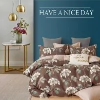 Lenjerie de pat o persoana Percalle imprimat Bumbac 100% 3 piese cearsaf pat 160x240 cm, pilota 150x220 cm, fata perna 50x70 cm, Flori Maro, Pucioasa