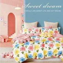 Lenjerie de pat o persoana Percalle imprimat Bumbac 100% 3 piese cearsaf pat 160x240 cm, pilota 150x220 cm, fata perna 50x70 cm, Flori Roz / Galben, Pucioasa