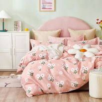 Lenjerie pat dublu 6 piese Percale Bumbac 100%, 6 piese, cu husa saltea 160x200 sau 180x200 cm, pilota 200x230 cm, 2 fete perna 50x70 cm si 70x70 cm, Floricele primavara Roz, Pucioasa