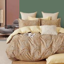 Lenjerie pat dublu 6 piese Percale Bumbac 100%, 6 piese, cu husa saltea 160x200 sau 180x200 cm, pilota 200x230 cm, 2 fete perna 50x70 cm si 70x70 cm, Eleganta Galben / Maro, Pucioasa