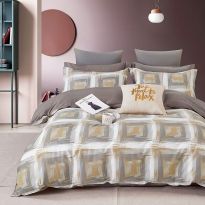Lenjerie pat dublu 6 piese Percale Bumbac 100%, 6 piese, cu husa saltea 160x200 sau 180x200 cm, pilota 200x230 cm, 2 fete perna 50x70 cm si 70x70 cm, Moderna Gri / Maro, Pucioasa