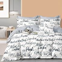 Lenjerie pat dublu 6 piese Percale Bumbac 100%, 6 piese, cu husa saltea 160x200 sau 180x200 cm, pilota 200x230 cm, 2 fete perna 50x70 cm si 70x70 cm, Imprimeu Modern Alb / Gri, Pucioasa