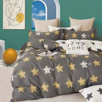 Lenjerie pat dublu 6 piese Percale Bumbac 100%, 6 piese, cu husa saltea 160x200 sau 180x200 cm, pilota 200x230 cm, 2 fete perna 50x70 cm si 70x70 cm, Stelute Galben / Gri, Pucioasa