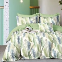 Lenjerie pat dublu 6 piese Percale Bumbac 100%, 6 piese, cu husa saltea 160x200 sau 180x200 cm, pilota 200x230 cm, 2 fete perna 50x70 cm si 70x70 cm, Frunze Albastru / Verde, Pucioasa