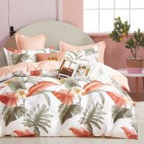 Lenjerie pat dublu 6 piese Percale Bumbac 100%, 6 piese, cu husa saltea 160x200 sau 180x200 cm, pilota 200x230 cm, 2 fete perna 50x70 cm si 70x70 cm, Frunze Roz / Verde, Pucioasa