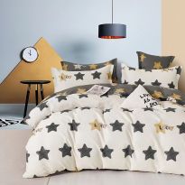 Lenjerie pat dublu 6 piese Percale Bumbac 100%, 6 piese, cu husa saltea 160x200 sau 180x200 cm, pilota 200x230 cm, 2 fete perna 50x70 cm si 70x70 cm, Stele Galben / Gri, Pucioasa
