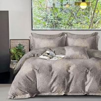 Lenjerie pat dublu Percalle imprimat Bumbac 100%, 4 piese, cearsaf pat 240x260 cm, pilota 200x230 cm, 2 fete perna 50x70 cm, Copaci Galben / Maro, Pucioasa