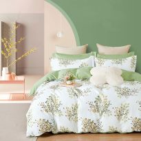 Lenjerie pat dublu 6 piese Percale Bumbac 100%, 6 piese, cu husa saltea 160x200 sau 180x200 cm, pilota 200x230 cm, 2 fete perna 50x70 cm si 70x70 cm, Copaci Alb / Verde, Pucioasa