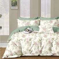Lenjerie pat dublu Percalle imprimat Bumbac 100%, 4 piese, cearsaf pat 240x260 cm, pilota 200x230 cm, 2 fete perna 50x70 cm, Floricele Crem / Verde, Pucioasa