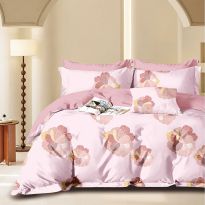 Lenjerie pat dublu 6 piese Percale Bumbac 100%, 6 piese, cu husa saltea 160x200 sau 180x200 cm, pilota 200x230 cm, 2 fete perna 50x70 cm si 70x70 cm, Floare Roz / Galben, Pucioasa