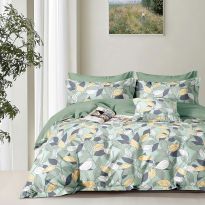 Lenjerie pat dublu Percalle imprimat Bumbac 100%, 4 piese, cearsaf pat 240x260 cm, pilota 200x230 cm, 2 fete perna 50x70 cm, Frunze Galben / Verde, Pucioasa