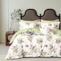 Lenjerie pat dublu 6 piese Percale Bumbac 100%, 6 piese, cu husa saltea 160x200 sau 180x200 cm, pilota 200x230 cm, 2 fete perna 50x70 cm si 70x70 cm, Flori Galben / Verde, Pucioasa