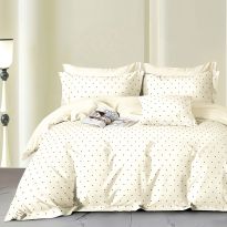 Lenjerie pat dublu Percalle imprimat Bumbac 100%, 4 piese, cearsaf pat 240x260 cm, pilota 200x230 cm, 2 fete perna 50x70 cm, Buline Crem / Negru, Pucioasa