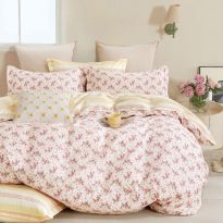 Lenjerie pat dublu 6 piese Percale Bumbac 100%, 6 piese, cu husa saltea 160x200 sau 180x200 cm, pilota 200x230 cm, 2 fete perna 50x70 cm si 70x70 cm, Floricele marunte Galben / Roz, Pucioasa