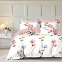 Lenjerie pat dublu 6 piese Percale Bumbac 100%, 6 piese, cu husa saltea 160x200 sau 180x200 cm, pilota 200x230 cm, 2 fete perna 50x70 cm si 70x70 cm, Trandafiri Alb / Roz, Pucioasa PRC194