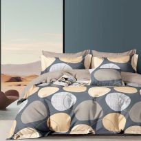 Lenjerie pat o persoana Percalle imprimat Bumbac 100%, 3 piese, cearsaf pat 160x240 cm, pilota 150x220 cm, fata perna 50x70 cm, Cercuri Bej / Gri, Pucioasa