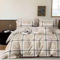 Lenjerie pat dublu Percalle imprimat Bumbac 100%, 4 piese, cearsaf pat 240x260 cm, pilota 200x230 cm, 2 fete perna 50x70 cm, Patrat Bej / Gri, Pucioasa