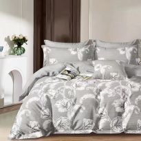 Lenjerie pat dublu extra large Percalle imprimat Bumbac 100%, 6 piese, cearsaf pat 240x260 cm, pilota 200x230 cm, 2 fete perna 50x70 cm si 70x70 cm, Flori Gri, Pucioasa