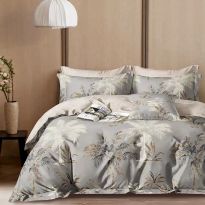 Lenjerie pat o persoana Percalle imprimat Bumbac 100%, 3 piese, cearsaf pat 160x240 cm, pilota 150x220 cm, fata perna 50x70 cm, Palmieri Gri, Pucioasa