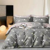 Lenjerie pat o persoana Percalle imprimat Bumbac 100%, 3 piese, cearsaf pat 160x240 cm, pilota 150x220 cm, fata perna 50x70 cm, Stelute Galben / Bej, Pucioasa