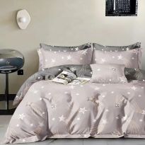 Lenjerie pat dublu extra large Percalle imprimat Bumbac 100%, 6 piese, cearsaf pat 240x260 cm, pilota 200x230 cm, 2 fete perna 50x70 cm si 70x70 cm, Stelute Lila, Pucioasa