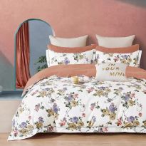 Lenjerie pat dublu Percalle imprimat Bumbac 100%, 4 piese, cearsaf pat 240x260 cm, pilota 200x230 cm, 2 fete perna 50x70 cm, Flori Alb / Portocaliu, Pucioasa