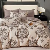 Lenjerie pat o persoana Percalle imprimat Bumbac 100%, 3 piese, cearsaf pat 160x240 cm, pilota 150x220 cm, fata perna 50x70 cm, Moderna Bej / Maro, Pucioasa