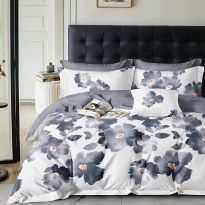 Lenjerie pat o persoana Percalle imprimat Bumbac 100%, 3 piese, cearsaf pat 160x240 cm, pilota 150x220 cm, fata perna 50x70 cm, Flori Alb / Gri, Pucioasa