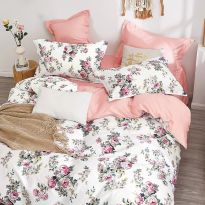 Lenjerie pat dublu extra large Percalle imprimat Bumbac 100%, 6 piese, cearsaf pat 240x260 cm, pilota 200x230 cm, 2 fete perna 50x70 cm si 70x70 cm, Flori Alb / Mov, Pucioasa