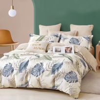 Lenjerie pat o persoana Percalle imprimat Bumbac 100%, 3 piese, cearsaf pat 160x240 cm, pilota 150x220 cm, fata perna 50x70 cm, Frunze Bej / Albastru, Pucioasa
