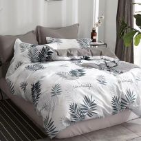 Lenjerie pat o persoana Percalle imprimat Bumbac 100%, 3 piese, cearsaf pat 160x240 cm, pilota 150x220 cm, fata perna 50x70 cm, Moderna Alb / Verde, Pucioasa