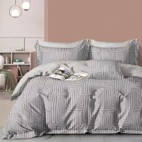Lenjerie pat dublu Percalle imprimat Bumbac 100%, 4 piese, cearsaf pat 240x260 cm, pilota 200x230 cm, 2 fete perna 50x70 cm, Moderna Gri / Negru, Pucioasa