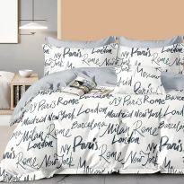 Lenjerie pat o persoana Percalle imprimat Bumbac 100%, 3 piese, cearsaf pat 160x240 cm, pilota 150x220 cm, fata perna 50x70 cm, Capitale Alb / Gri, Pucioasa