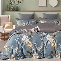 Lenjerie pat o persoana Percalle imprimat Bumbac 100%, 3 piese, cearsaf pat 160x240 cm, pilota 150x220 cm, fata perna 50x70 cm, Moderna Bej / Albastru, Pucioasa