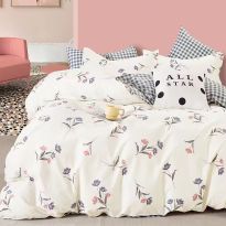 Lenjerie pat o persoana Percalle imprimat Bumbac 100%, 3 piese, cearsaf pat 160x240 cm, pilota 150x220 cm, fata perna 50x70 cm, Flori Crem, Pucioasa