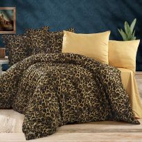 Lenjerie pat Ranforce Cotton Pro Bumbac 100%, 1 persoana cu husa, 3 piese Animal Print Galben/Maro RCP11