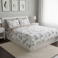 Lenjerie pat Ranforce Cotton Pro Bumbac 100%, 1 persoana cu husa, 3 piese Pisicute Alb/Gri RCP13