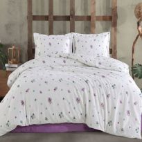 Lenjerie pat Ranforce Cotton Pro Bumbac 100%, 1 persoana cu husa, 3 piese Imprimeu floral Alb/Mov RCP50