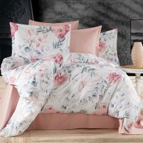 Lenjerie pat Ranforce Cotton Pro Bumbac 100%, 1 persoana, 3 piese Motiv floral Roz/Albastru RCP52