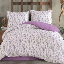 Lenjerie pat Ranforce Cotton Pro Bumbac 100%, King Size cu husa, 4 piese Crengute cu flori Lila RCP54