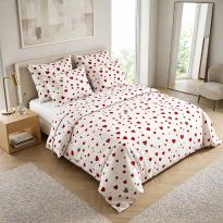 Lenjerie pat Ranforce Cotton Pro Bumbac 100%, King Size, 4 piese Imprimeu cu inimioare Alb/Rosu RCP75 Ralex Pucioasa